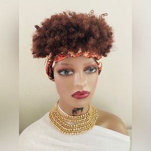 Curly kinky wig headband synthetic short reddish brown